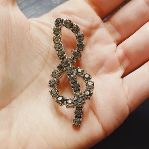 Vintage Smoky Rhinestone Treble Clef Brooch